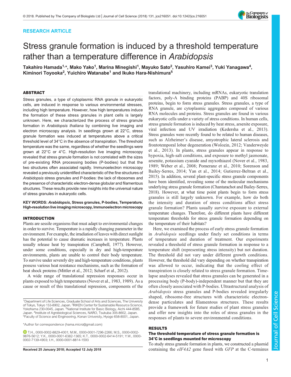 Stress Granule Formation Is Induced by a Threshold Temperature Rather