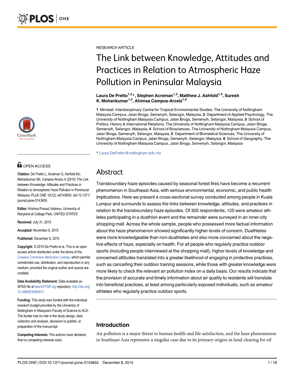 The Link Between Knowledge, Attitudes and Practices in Relation to Atmospheric Haze Pollution in Peninsular Malaysia