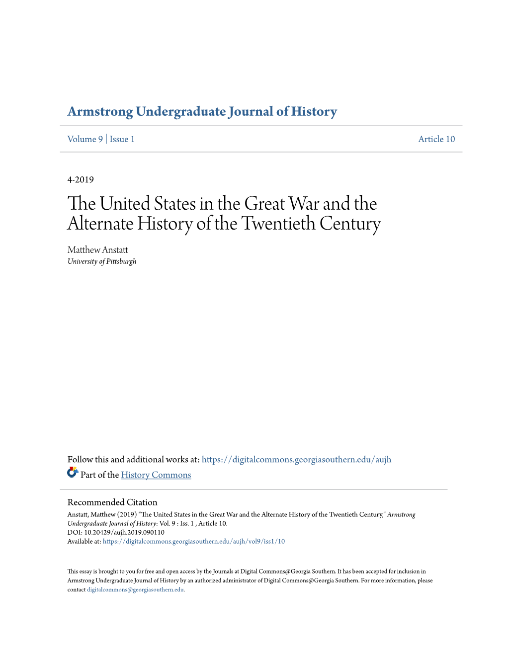 The United States in the Great War and the Alternate History of the Twentieth Century