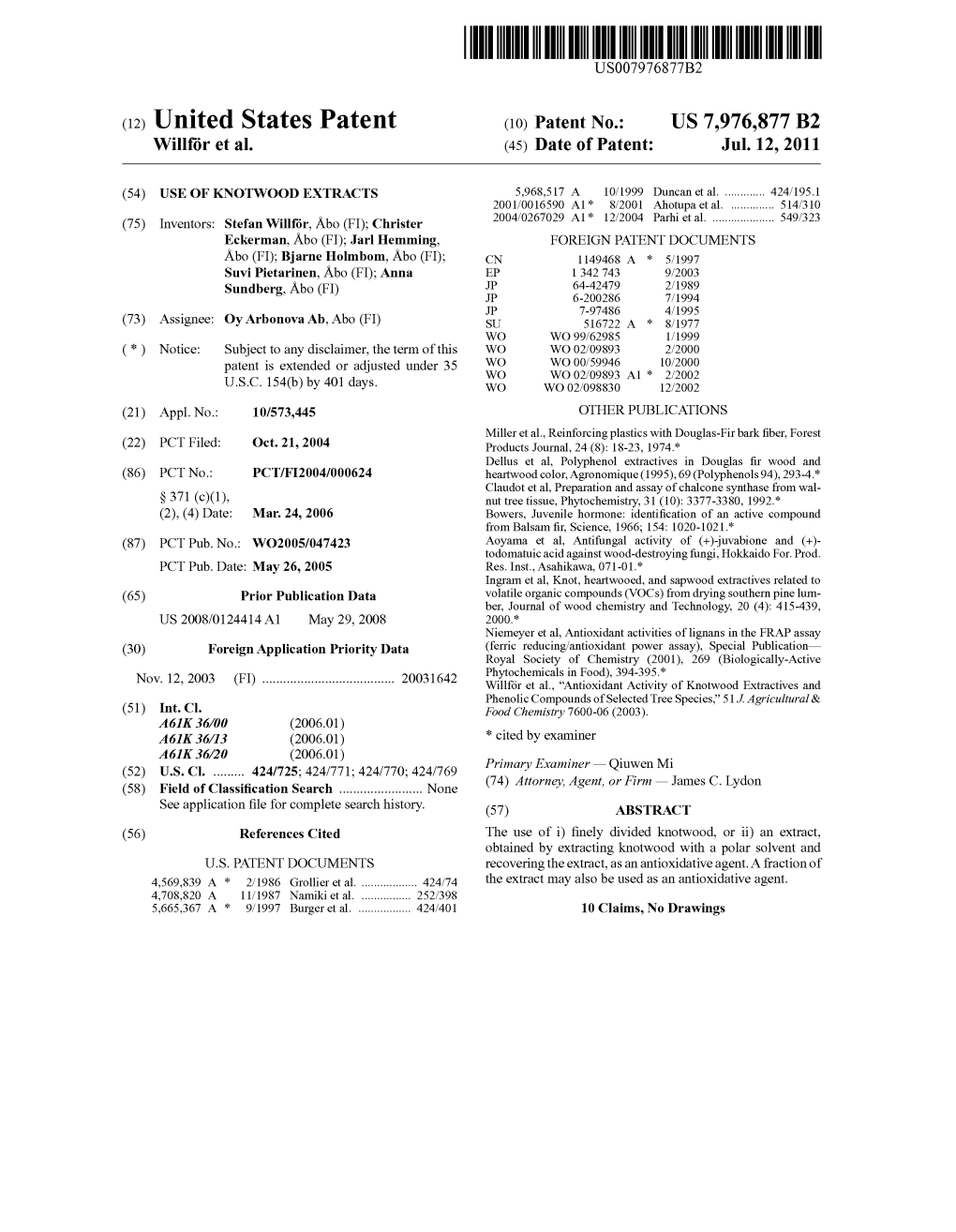 (12) United States Patent (10) Patent No.: US 7,976,877 B2 Willför Et Al