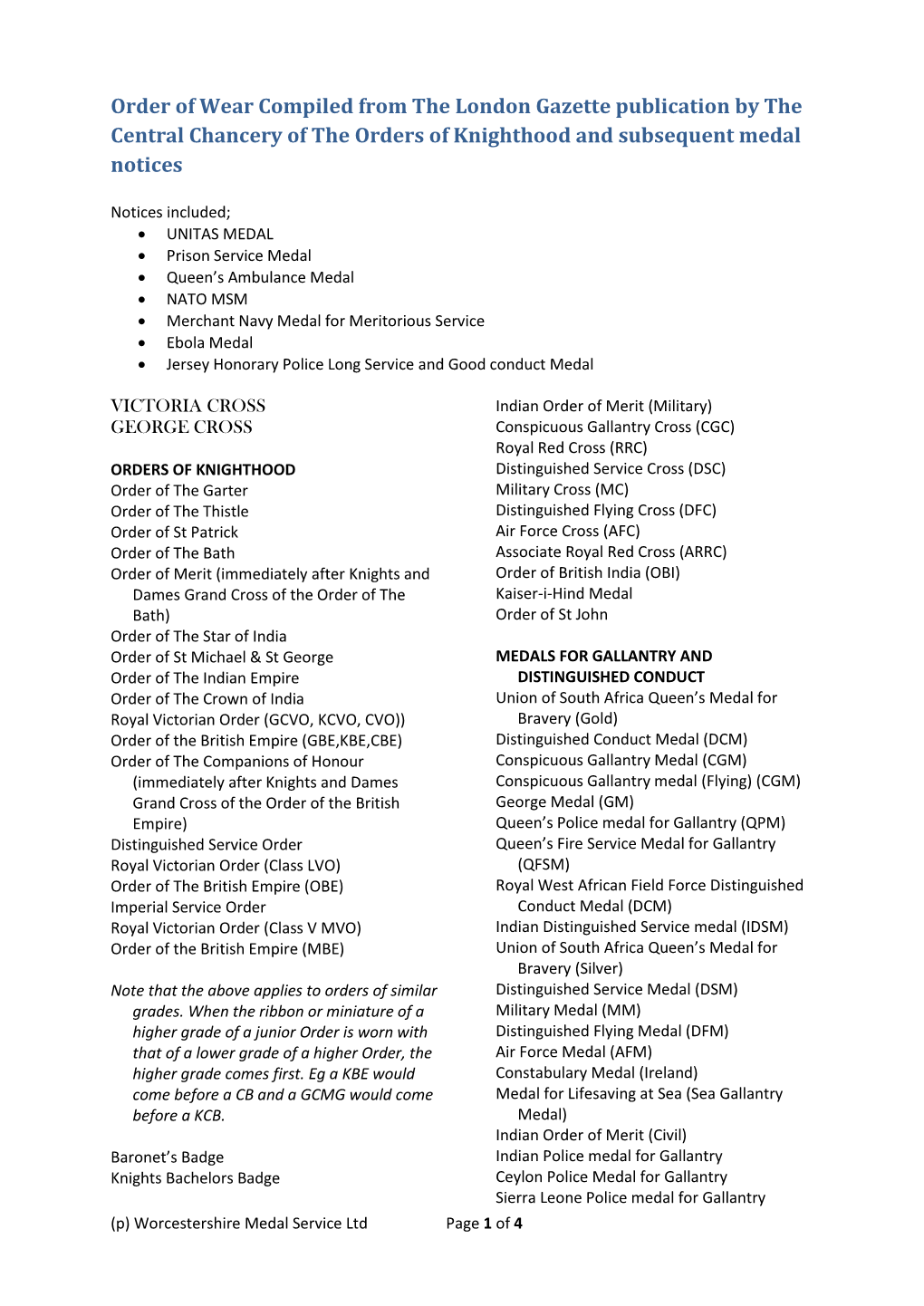 Order of Wear Compiled from the London Gazette Publication by the Central Chancery of the Orders of Knighthood and Subsequent Medal Notices