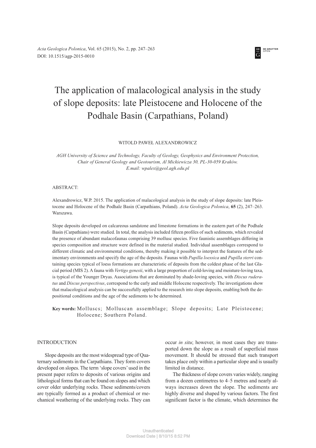 Late Pleistocene and Holocene of the Podhale Basin (Carpathians, Poland)