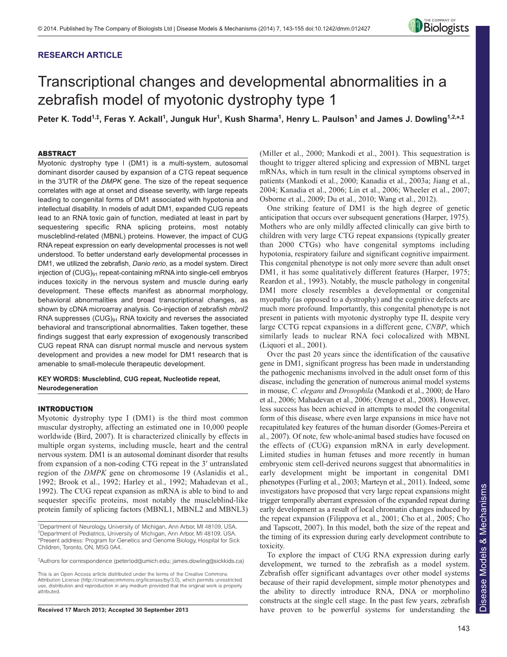 Transcriptional Changes and Developmental Abnormalities in a Zebrafish Model of Myotonic Dystrophy Type 1 Peter K