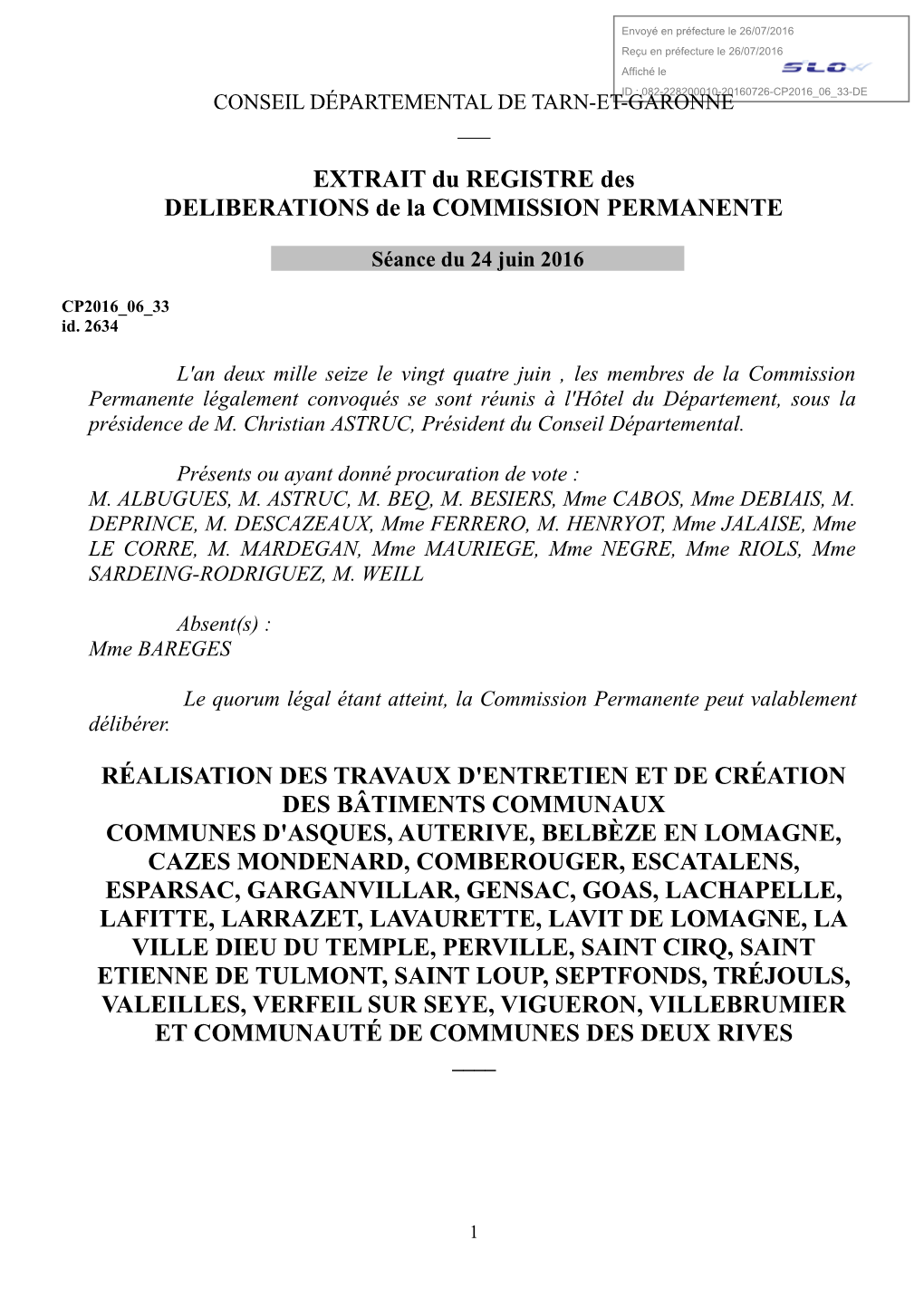 EXTRAIT Du REGISTRE Des DELIBERATIONS De La COMMISSION PERMANENTE