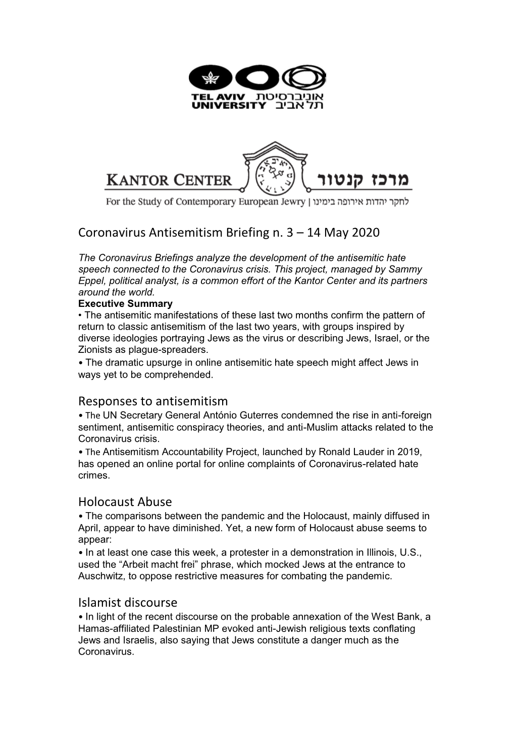 Coronavirus Antisemitism Briefing N. 3- 14 May 2020