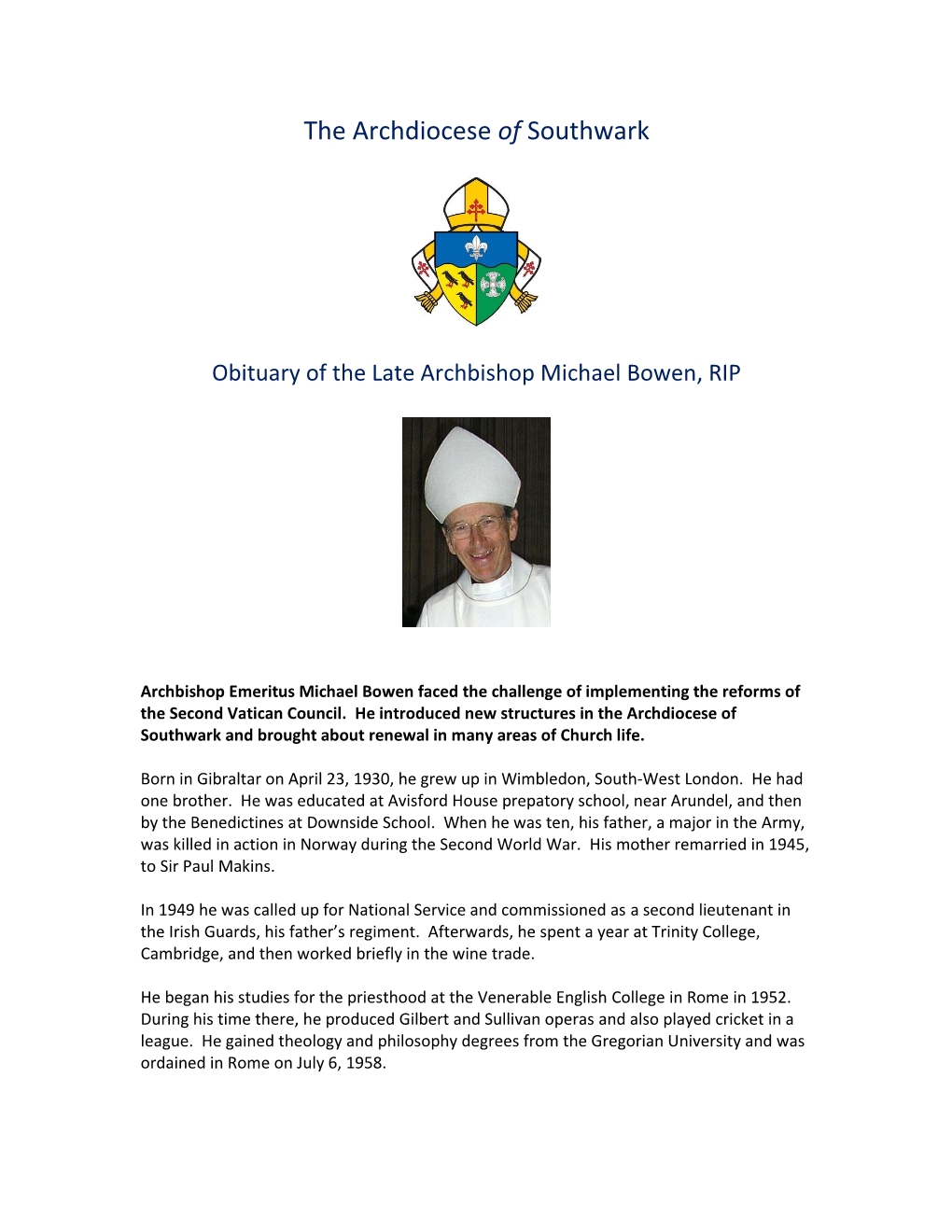 The Late Archbishop Michael Bowen: Obituary