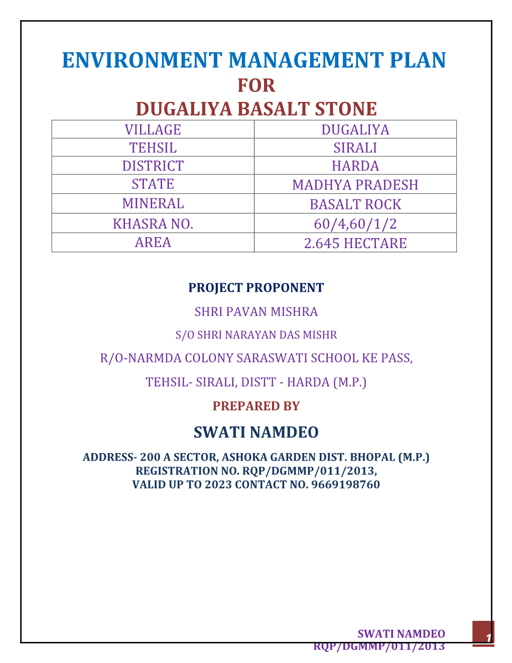 Environment Management Plan for Dugaliya Basalt Stone Village Dugaliya Tehsil Sirali District Harda State Madhya Pradesh Mineral Basalt Rock Khasra No