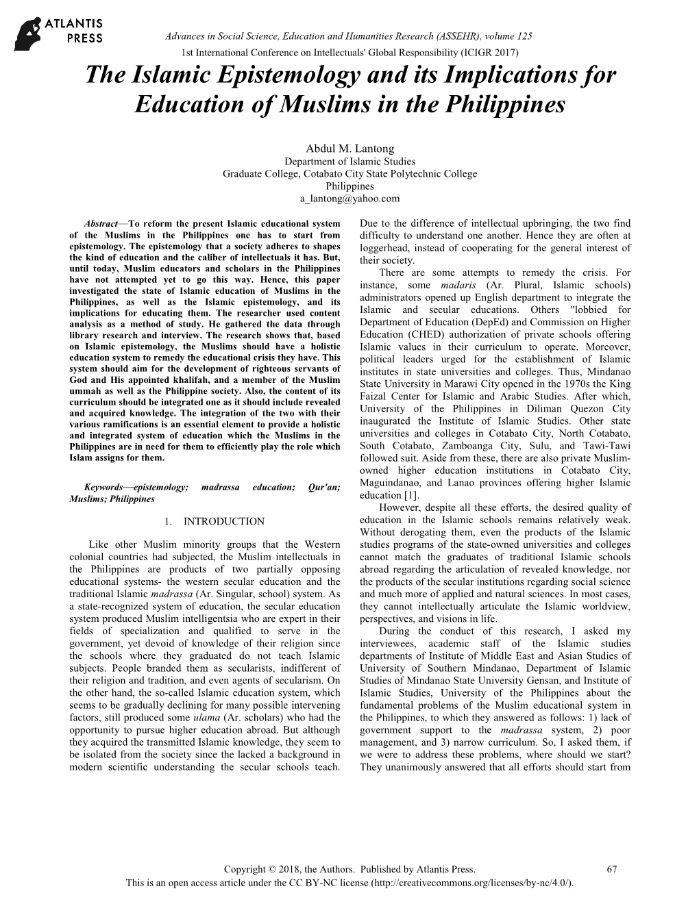 The Islamic Epistemology and Its Implications for Education of Muslims in the Philippines