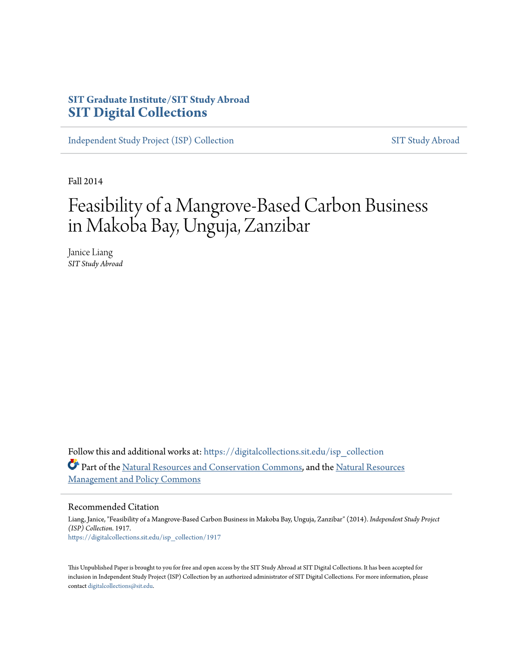 Feasibility of a Mangrove-Based Carbon Business in Makoba Bay, Unguja, Zanzibar Janice Liang SIT Study Abroad