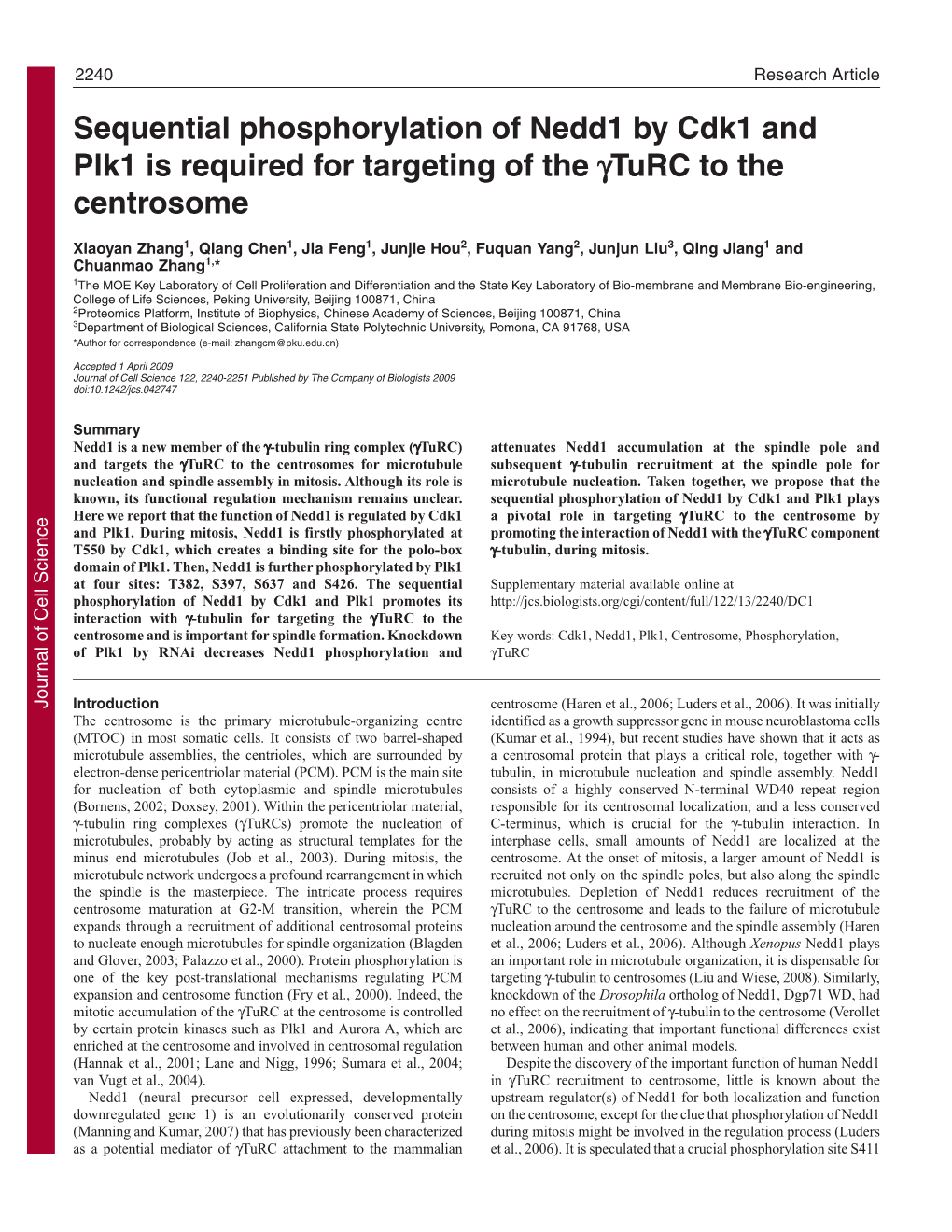 Sequential Phosphorylation of Nedd1 by Cdk1 and Plk1 Is Required for Targeting of the Γturc to the Centrosome