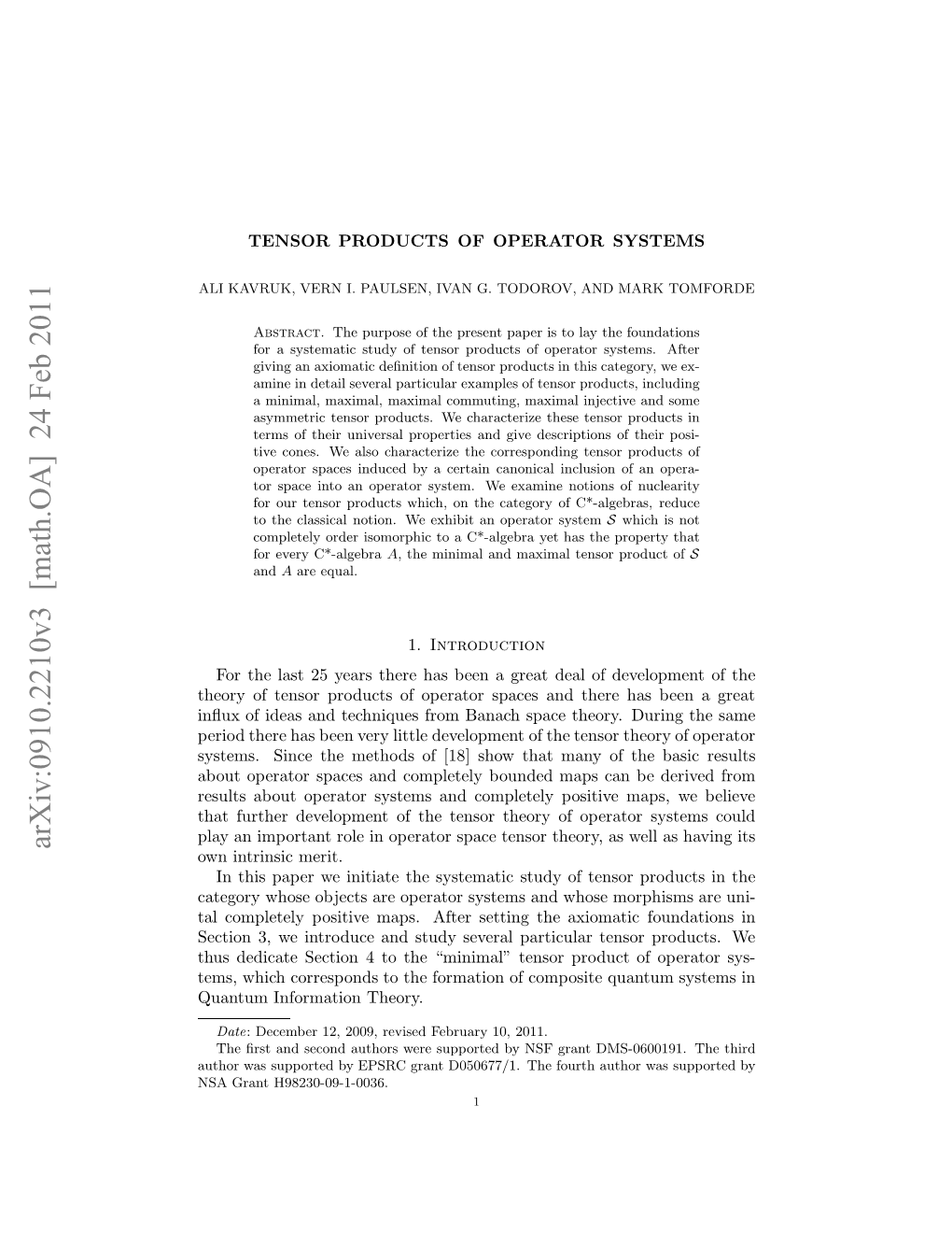 Arxiv:0910.2210V3 [Math.OA] 24 Feb 2011 Lya Motn Oei Prtrsaetno Hoy Swe Sy As Operator Theory, Tensor of Space Merit