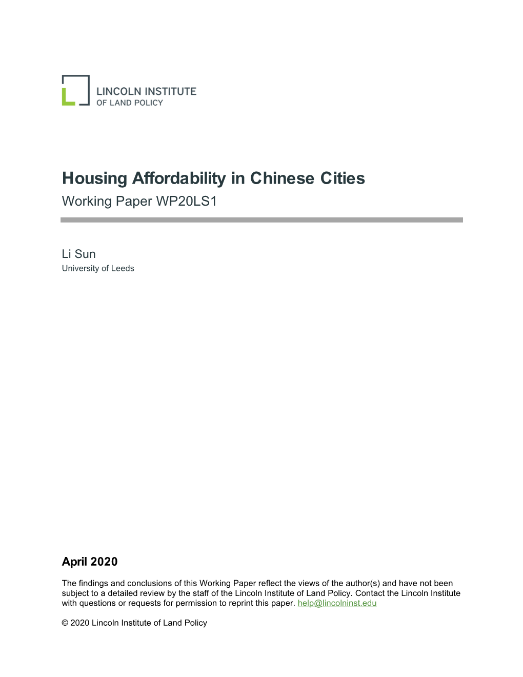 Housing Affordability in Chinese Cities Working Paper WP20LS1