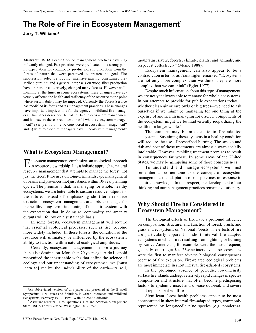 The Role of Fire in Ecosystem Management1 Jerry T