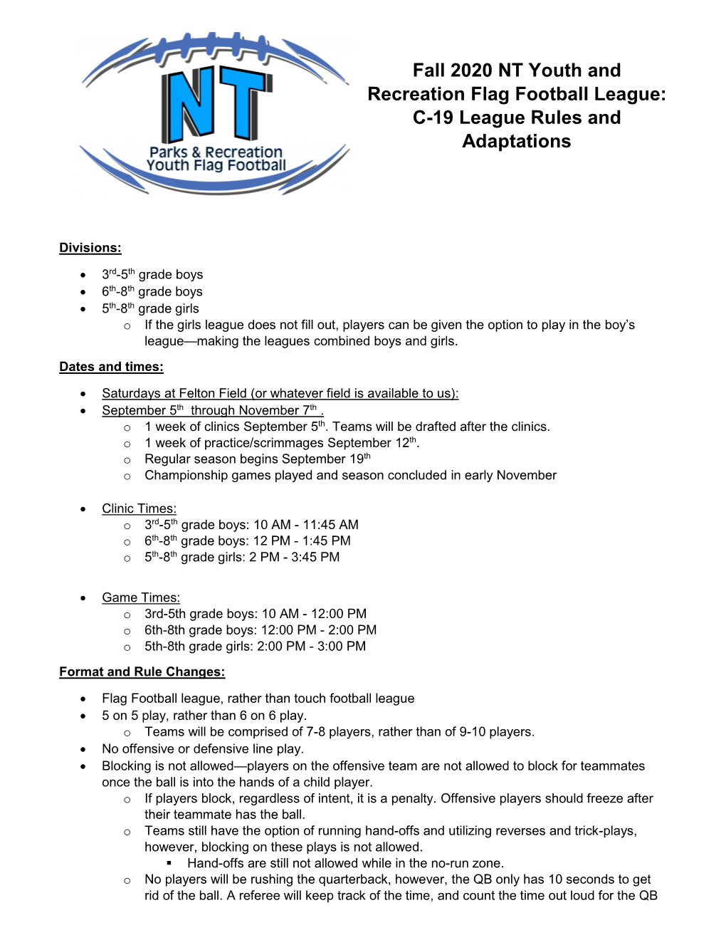 Fall 2020 NT Youth and Recreation Flag Football League: C-19 League Rules and Adaptations