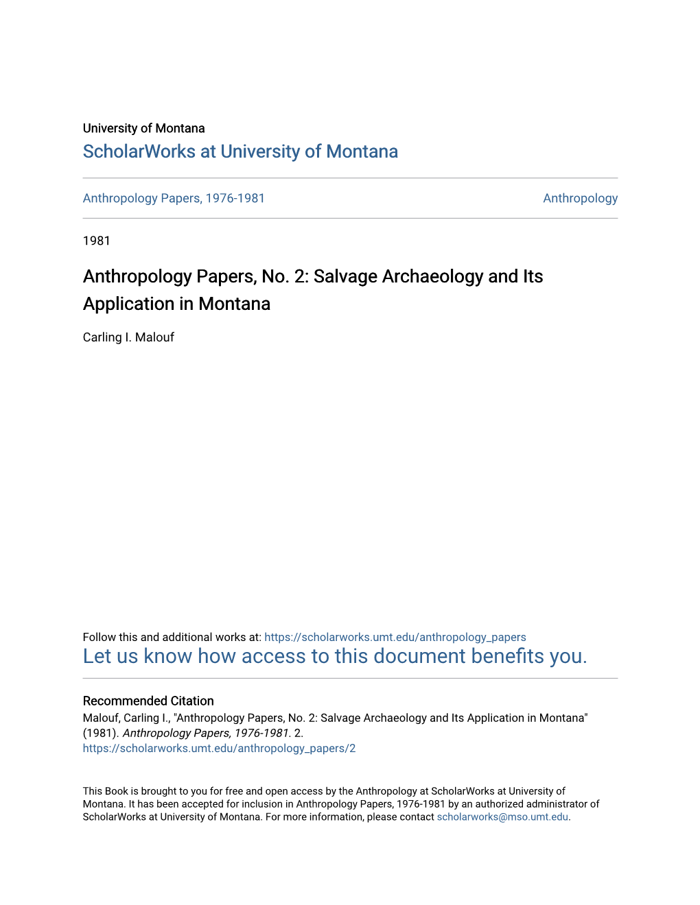 Anthropology Papers, No. 2: Salvage Archaeology and Its Application in Montana