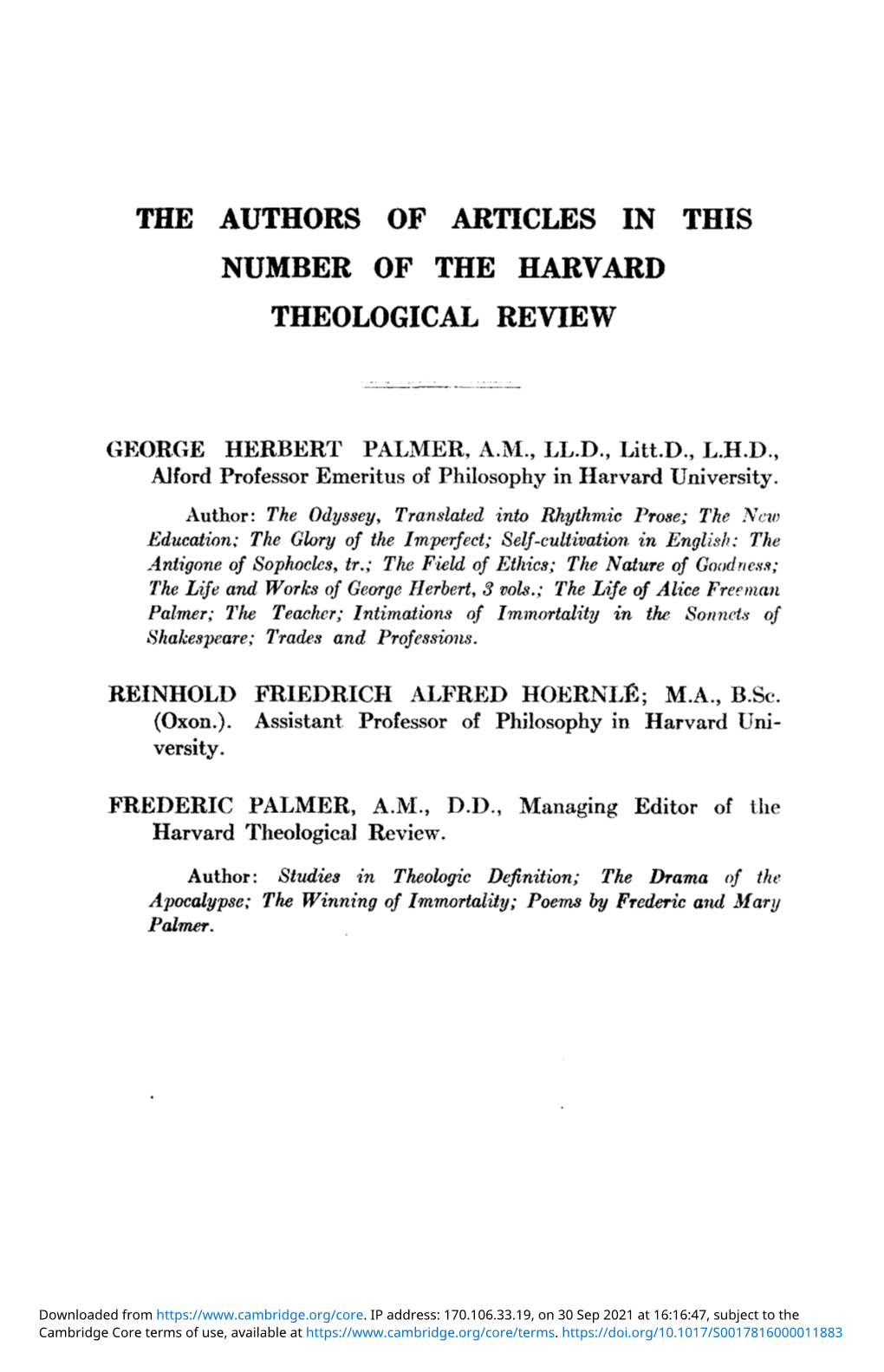The Authors of Articles in This Number of the Harvard