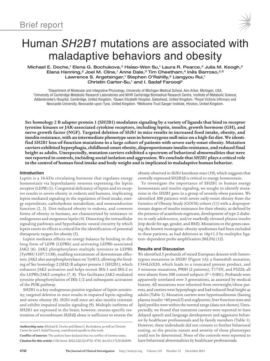 Human SH2B1 Mutations Are Associated with Maladaptive Behaviors and Obesity Michael E