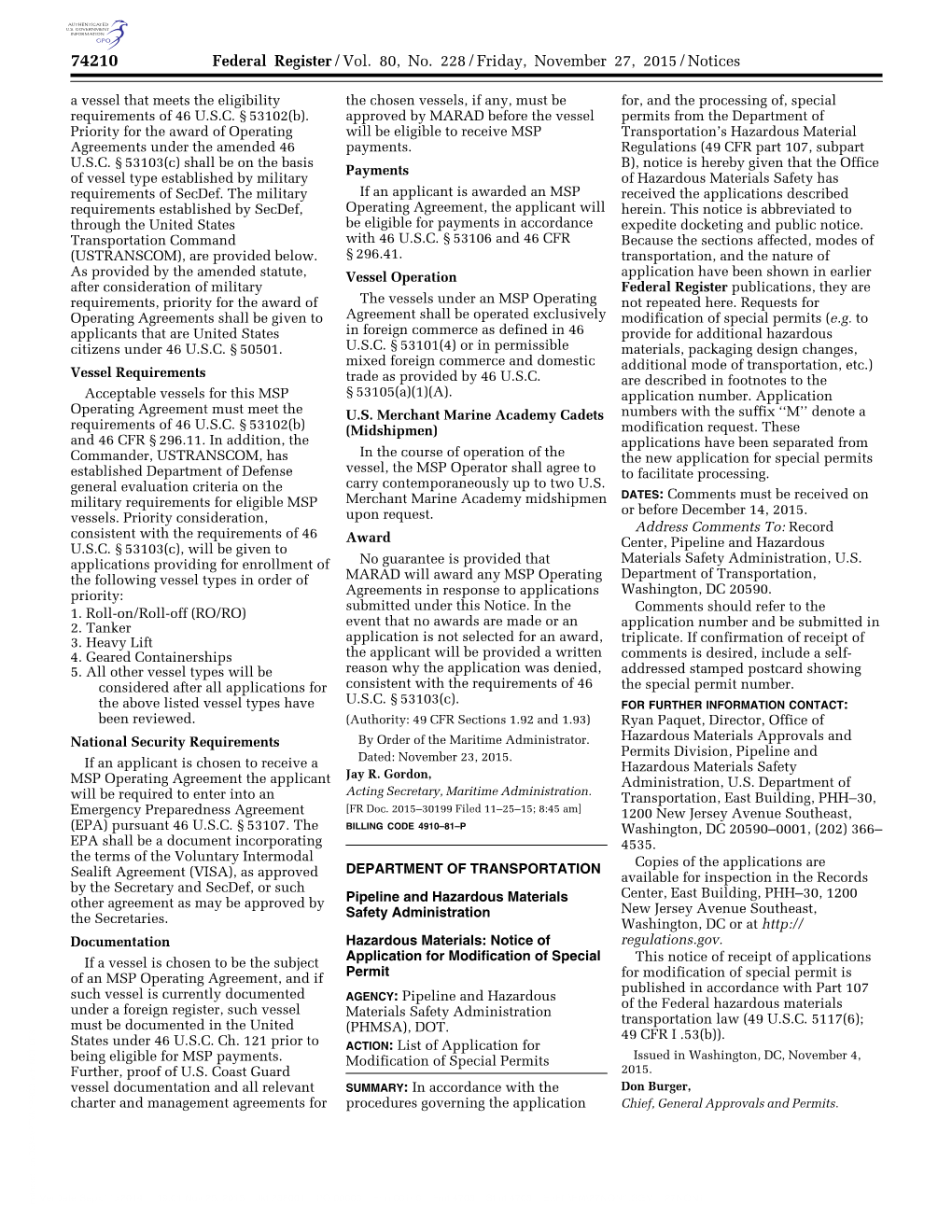 Federal Register/Vol. 80, No. 228/Friday, November 27, 2015