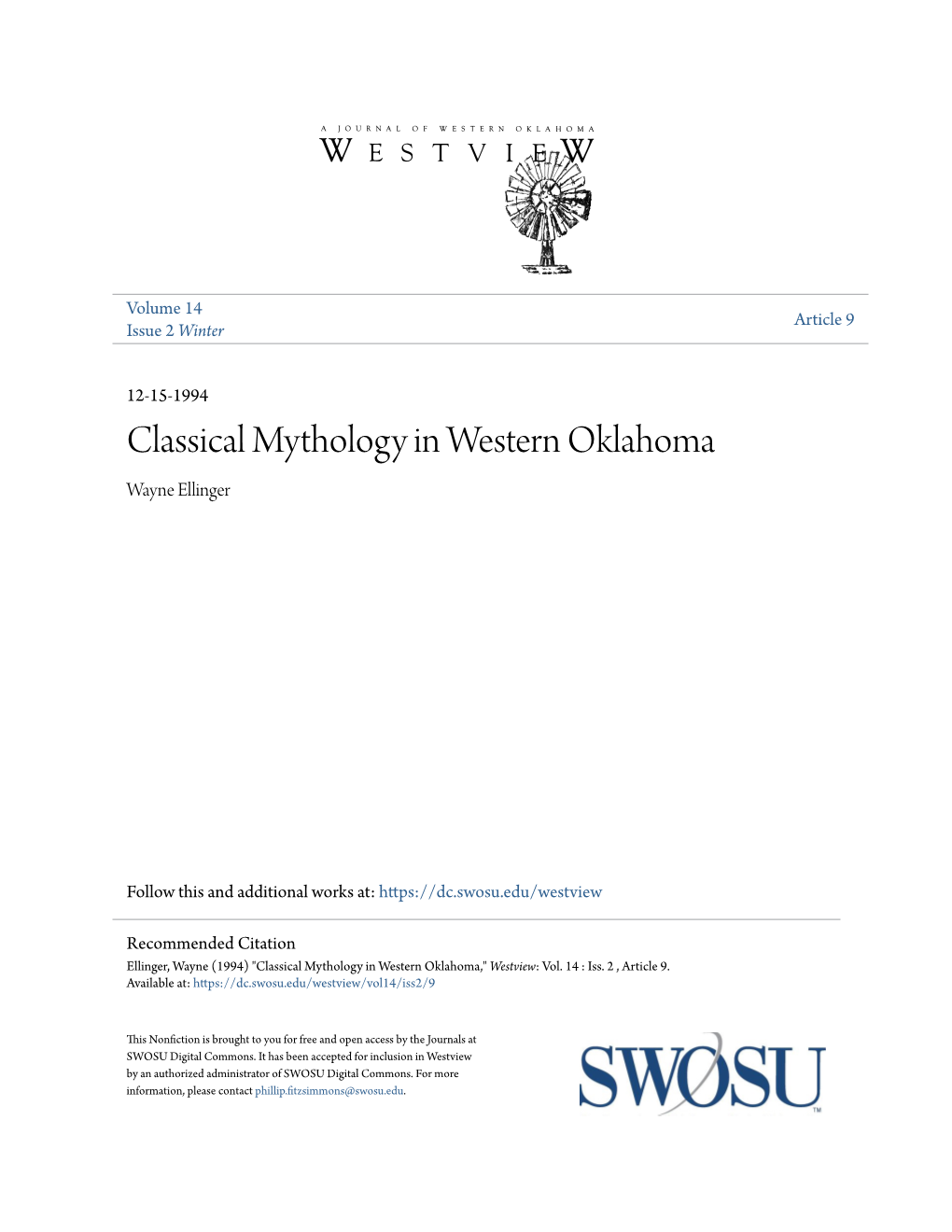 Classical Mythology in Western Oklahoma Wayne Ellinger