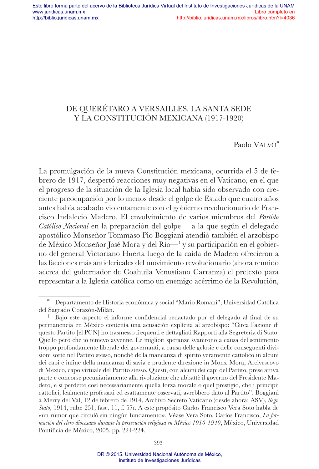 De Querétaro a Versailles. La Santa Sede Y La Constitución Mexicana (1917-1920)