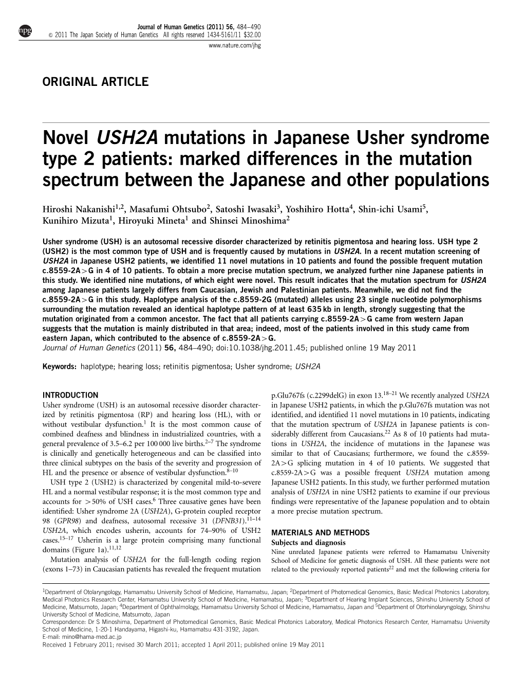 Novel USH2A Mutations in Japanese Usher Syndrome Type 2 Patients: Marked Differences in the Mutation Spectrum Between the Japanese and Other Populations