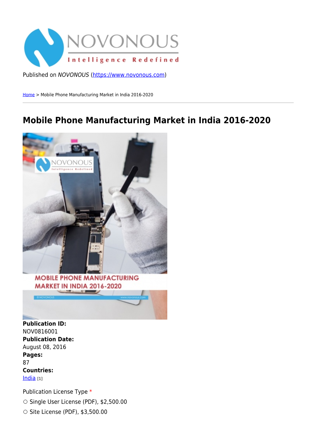 Mobile Phone Manufacturing Market in India 2016-2020