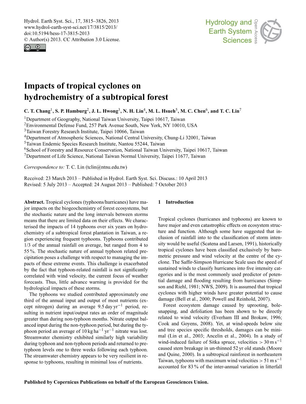 Impacts of Tropical Cyclones on Hydrochemistry of a Subtropical Forest