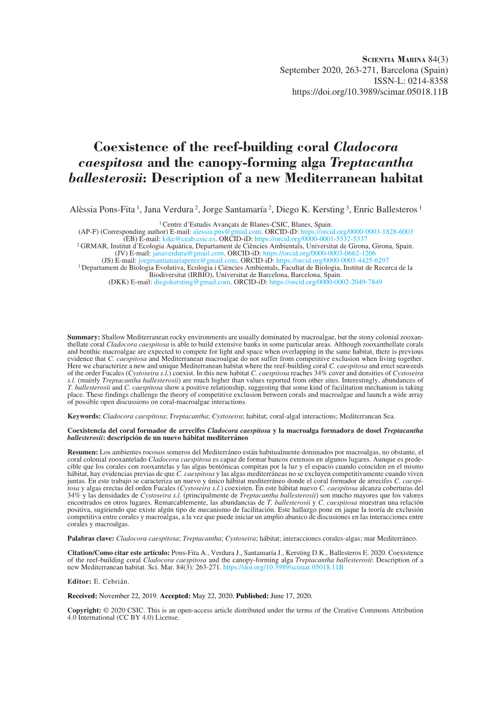 Coexistence of the Reef-Building Coral Cladocora Caespitosa and the Canopy-Forming Alga Treptacantha Ballesterosii: Description of a New Mediterranean Habitat