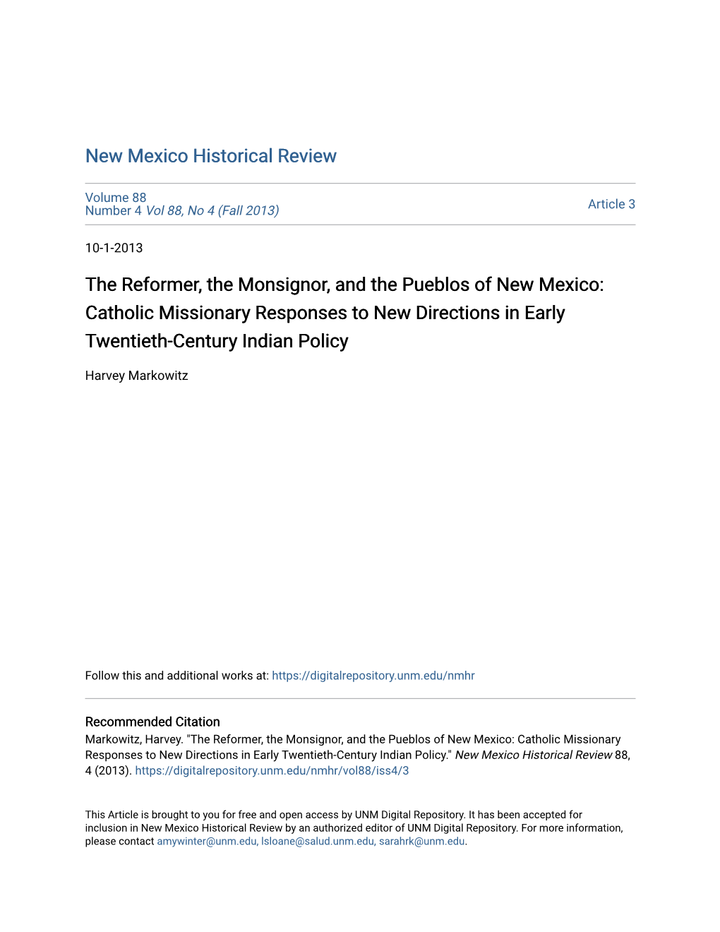 The Reformer, the Monsignor, and the Pueblos of New Mexico: Catholic Missionary Responses to New Directions in Early Twentieth-Century Indian Policy