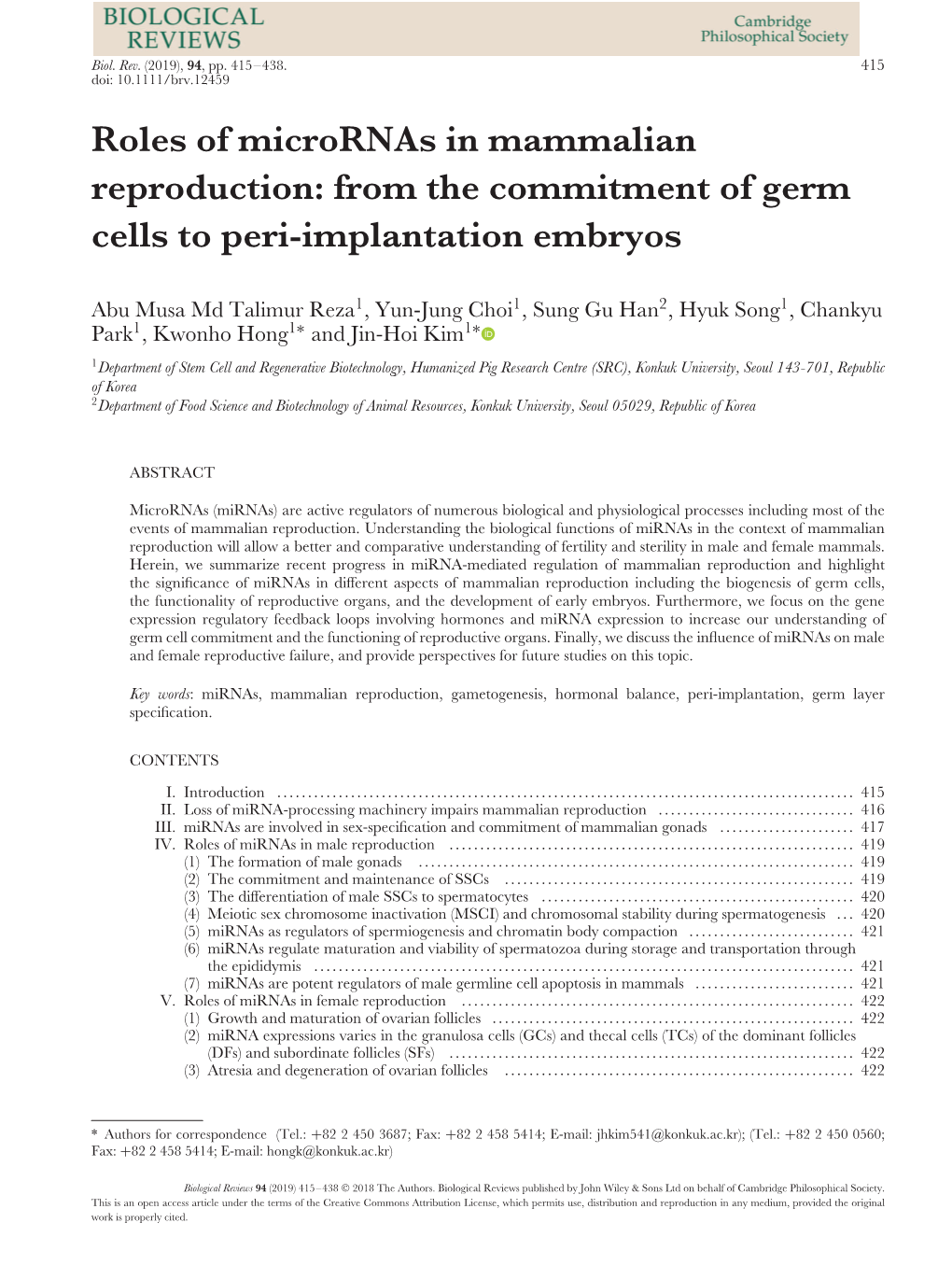 Roles of Micrornas in Mammalian Reproduction: from the Commitment of Germ Cells to Peri-Implantation Embryos