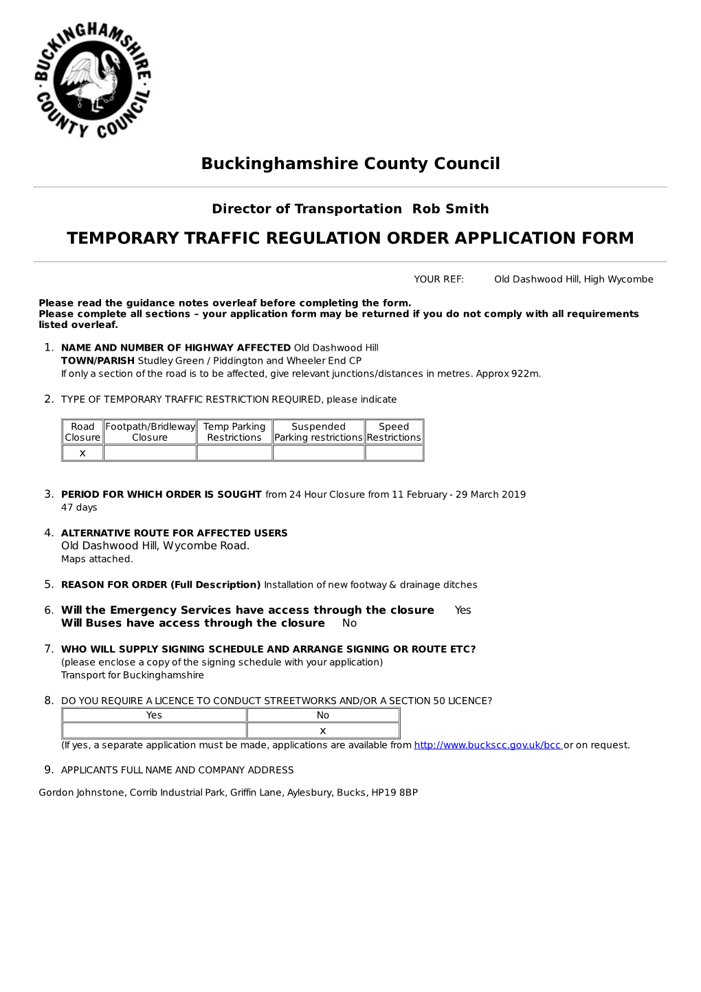 Buckinghamshire County Council TEMPORARY TRAFFIC