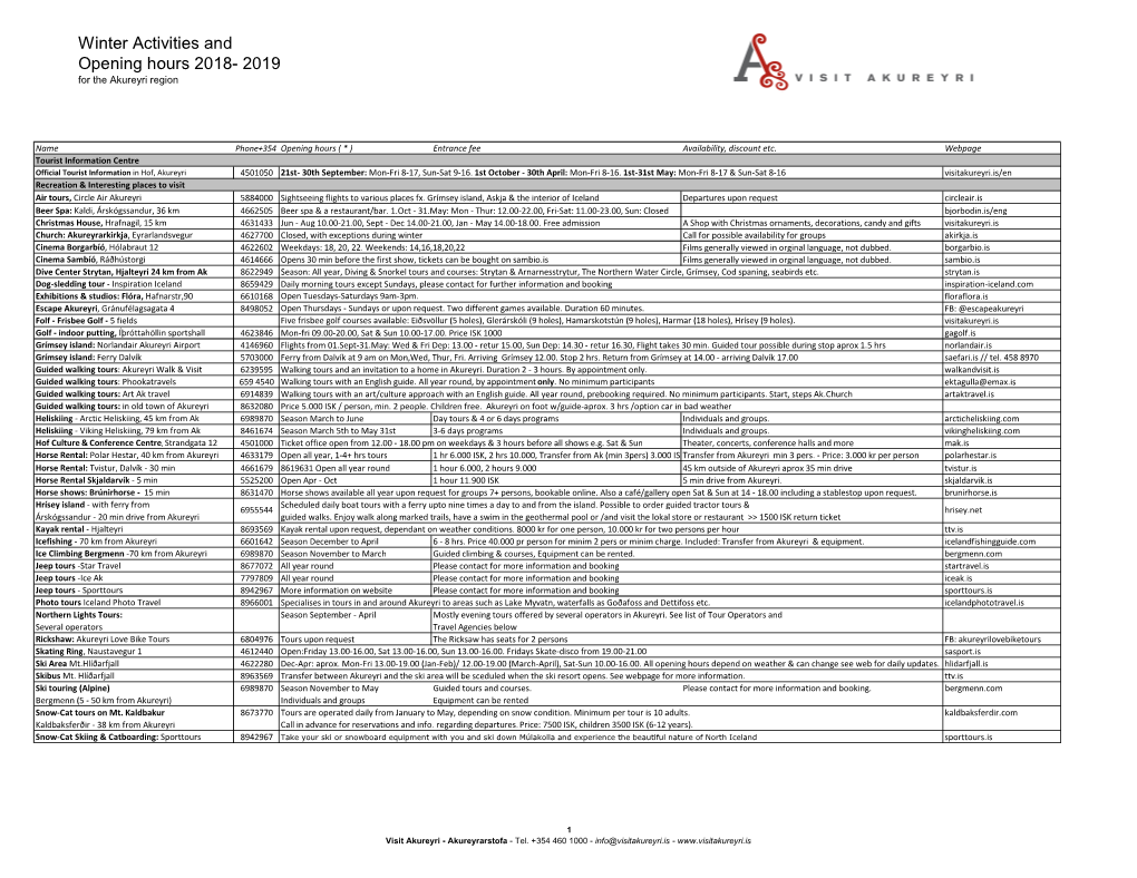 Winter Activities and Opening Hours 2018- 2019 for the Akureyri Region