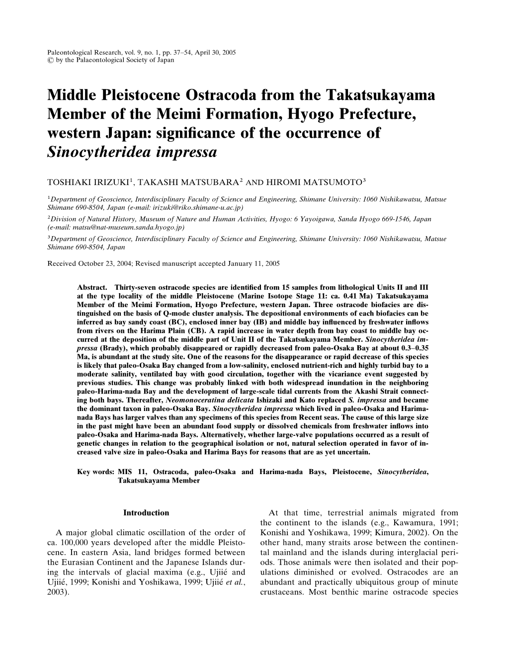 Middle Pleistocene Ostracoda from the Takatsukayama Member of the Meimi Formation, Hyogo Prefecture, Western Japan