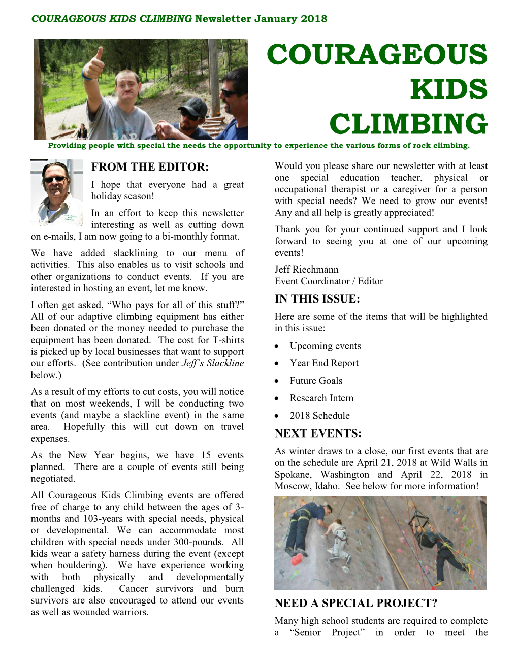 COURAGEOUS KIDS CLIMBING Newsletter January 2018