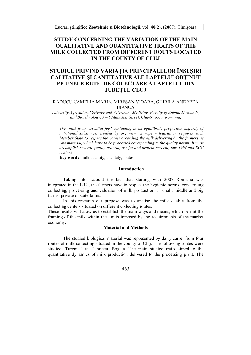 Study Concerning the Variation of the Main Qualitative and Quantitative Traits of the Milk Collected from Different Routs Located in the County of Cluj