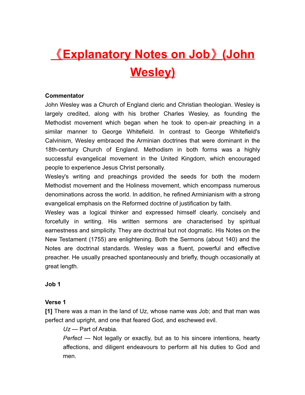 Explanatory Notes on Job (John Wesley)