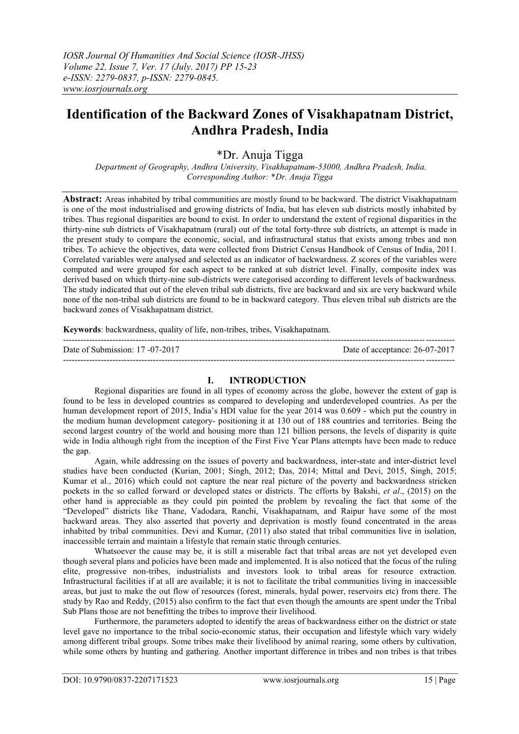 Identification of the Backward Zones of Visakhapatnam District, Andhra Pradesh, India