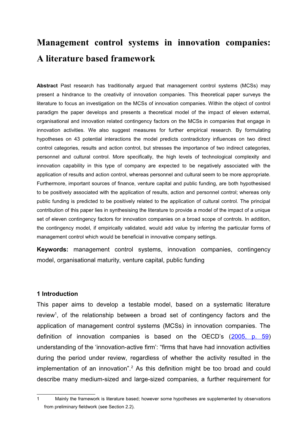 Management Control Systems in Innovation Companies: Aliterature Based Framework