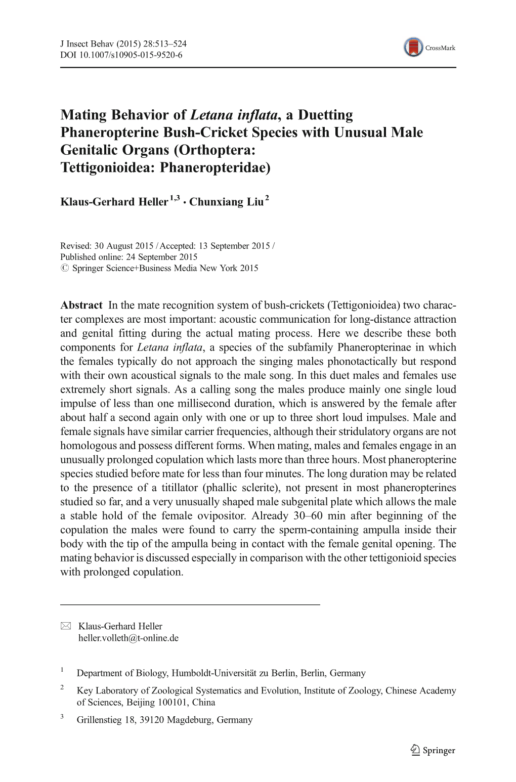 Mating Behavior of Letana Inflata, a Duetting Phaneropterine Bush-Cricket Species with Unusual Male Genitalic Organs (Orthoptera: Tettigonioidea: Phaneropteridae)