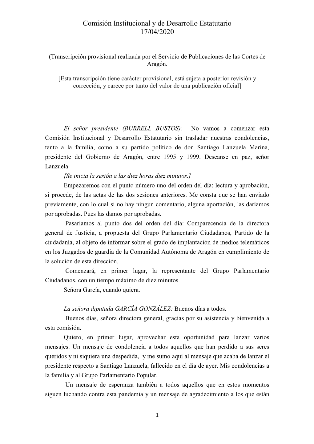 Transcripción Provisional Realizada Por El Servicio De Publicaciones De Las Cortes De Aragón