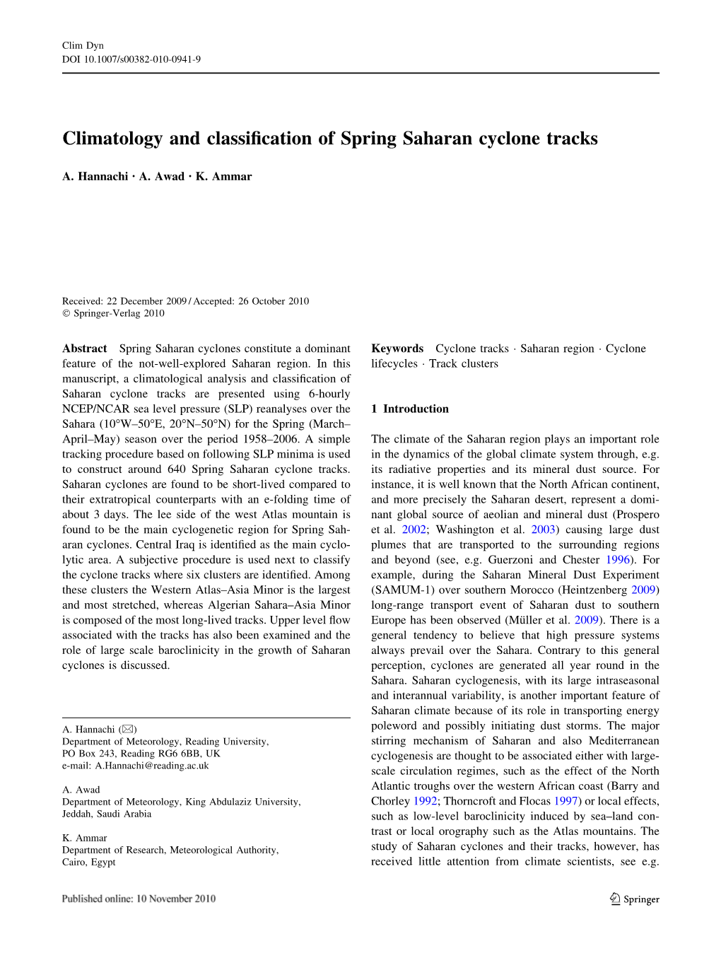 Climatology and Classification of Spring Saharan Cyclone Tracks