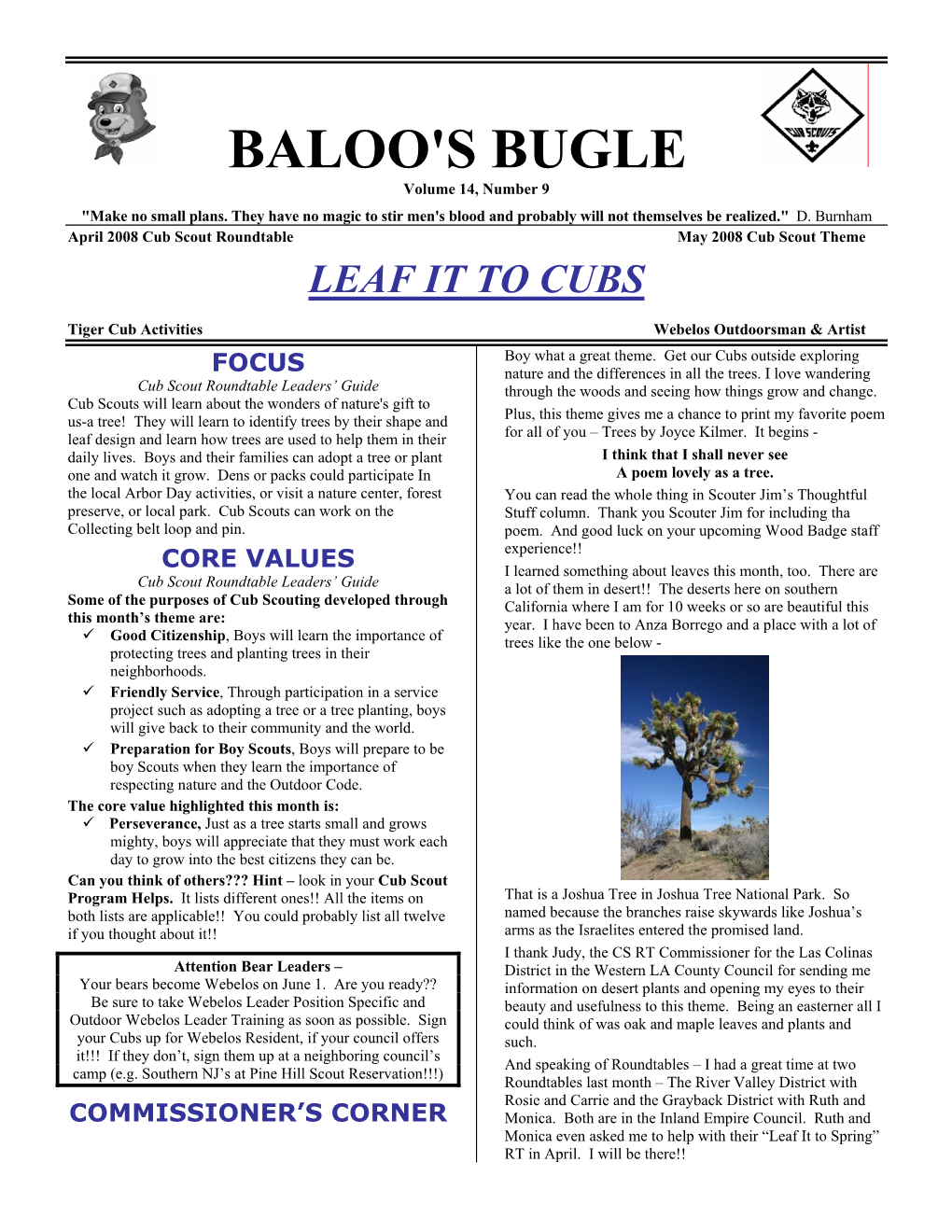 BALOO's BUGLE Volume 14, Number 9 "Make No Small Plans