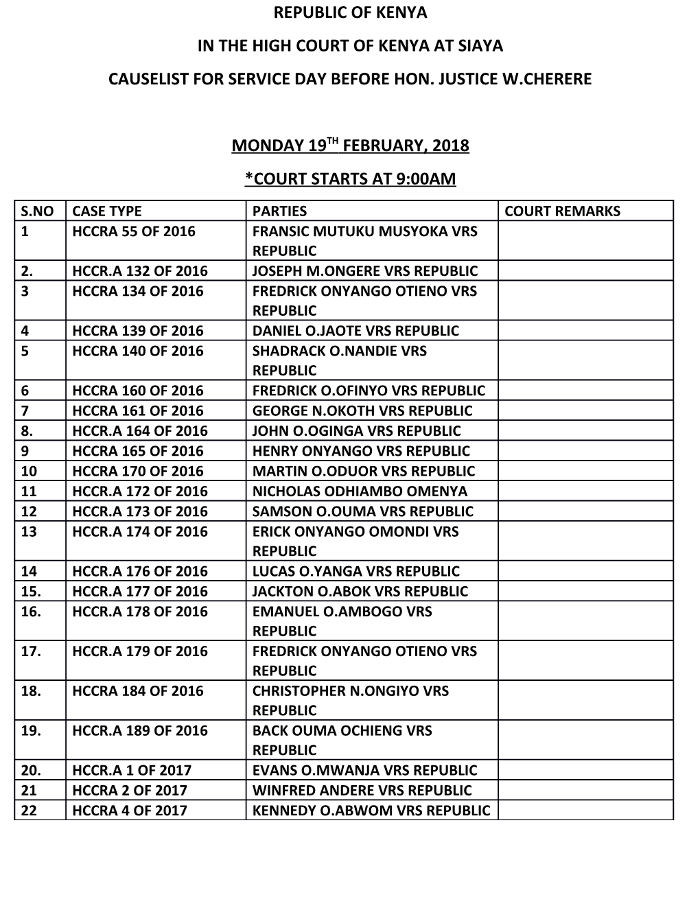 Causelist for Service Day Before Hon. Justice W.Cherere