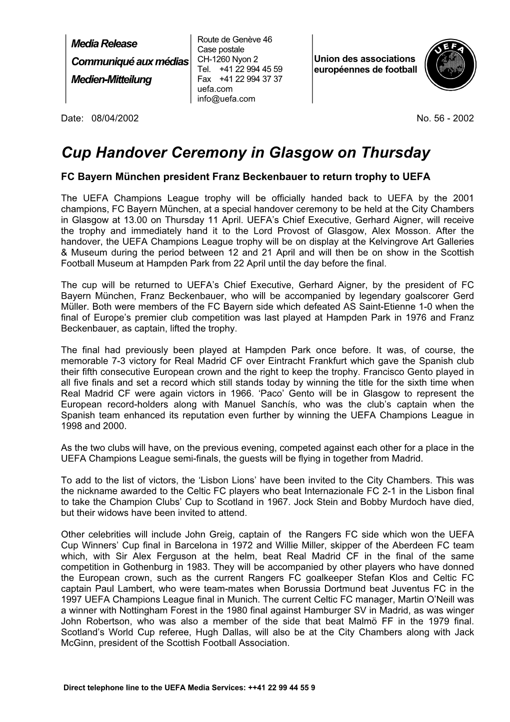 Cup Handover Ceremony in Glasgow on Thursday