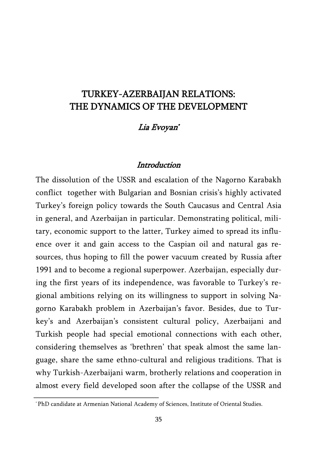 Turkey-Azerbaijan Relations: the Dynamics of the Development