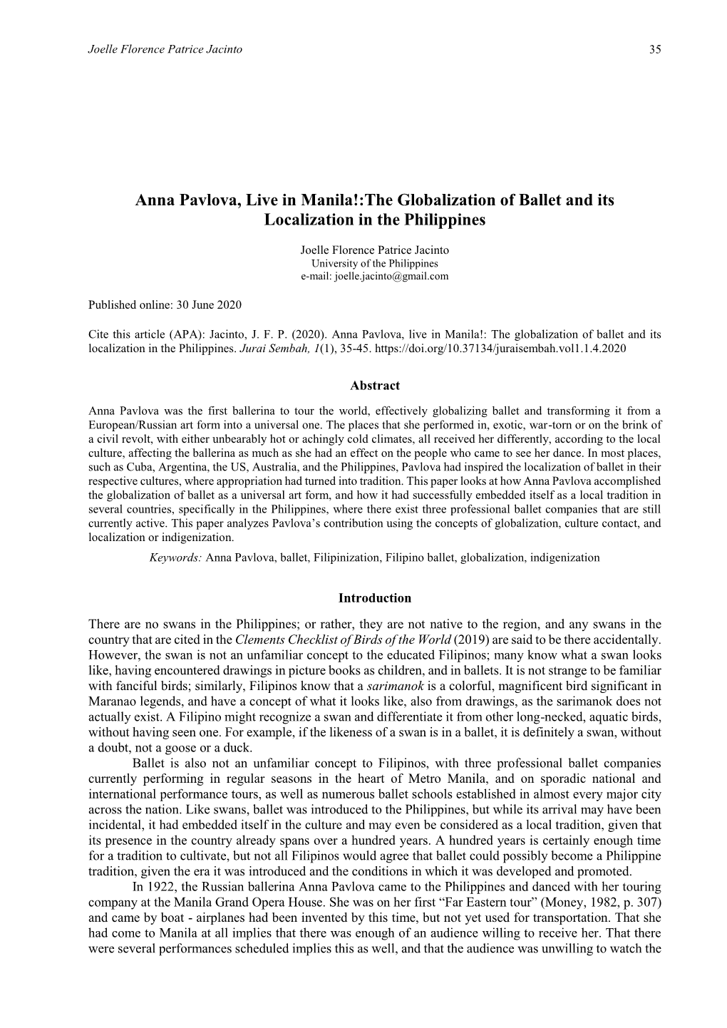 Anna Pavlova, Live in Manila!:The Globalization of Ballet and Its Localization in the Philippines