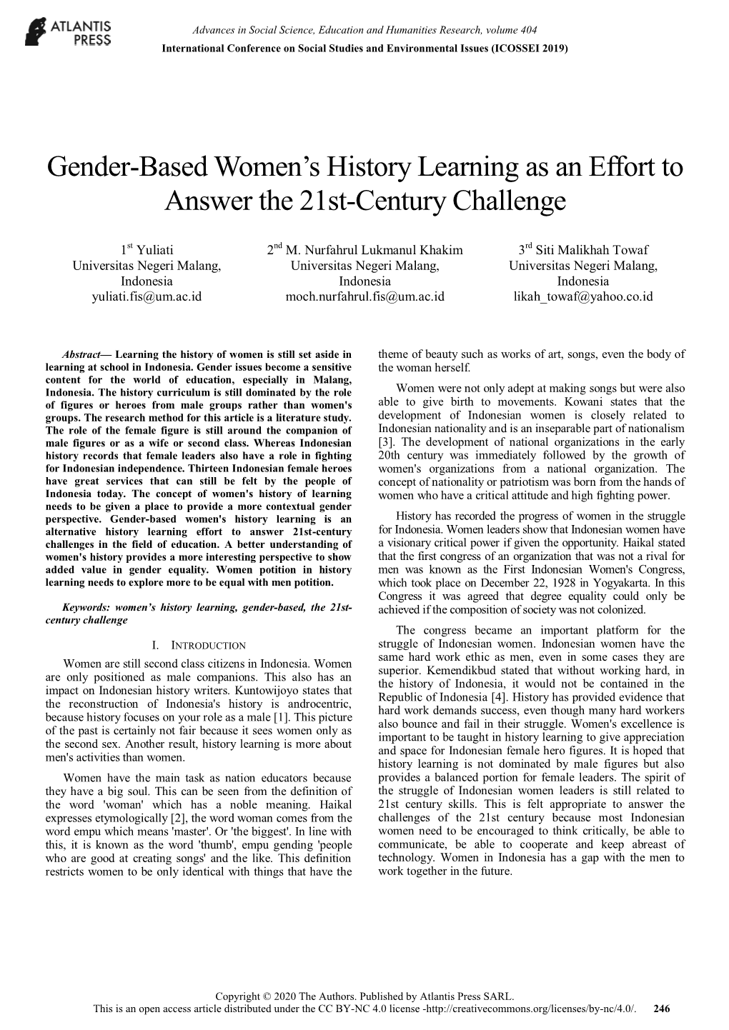 Gender-Based Women's History Learning As an Effort to Answer The