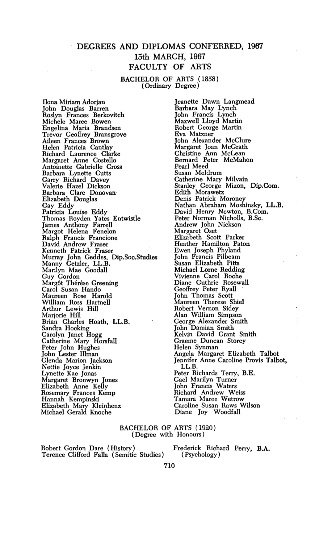 DEGREES and DIPLOMAS CONFERRED, 1967 15Th MARCH, 1967 FACULTY of ARTS BACHELOR of ARTS (1858) (Ordinary Degree)