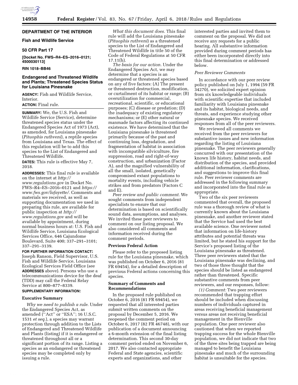 Federal Register/Vol. 83, No. 67/Friday, April 6, 2018/Rules And