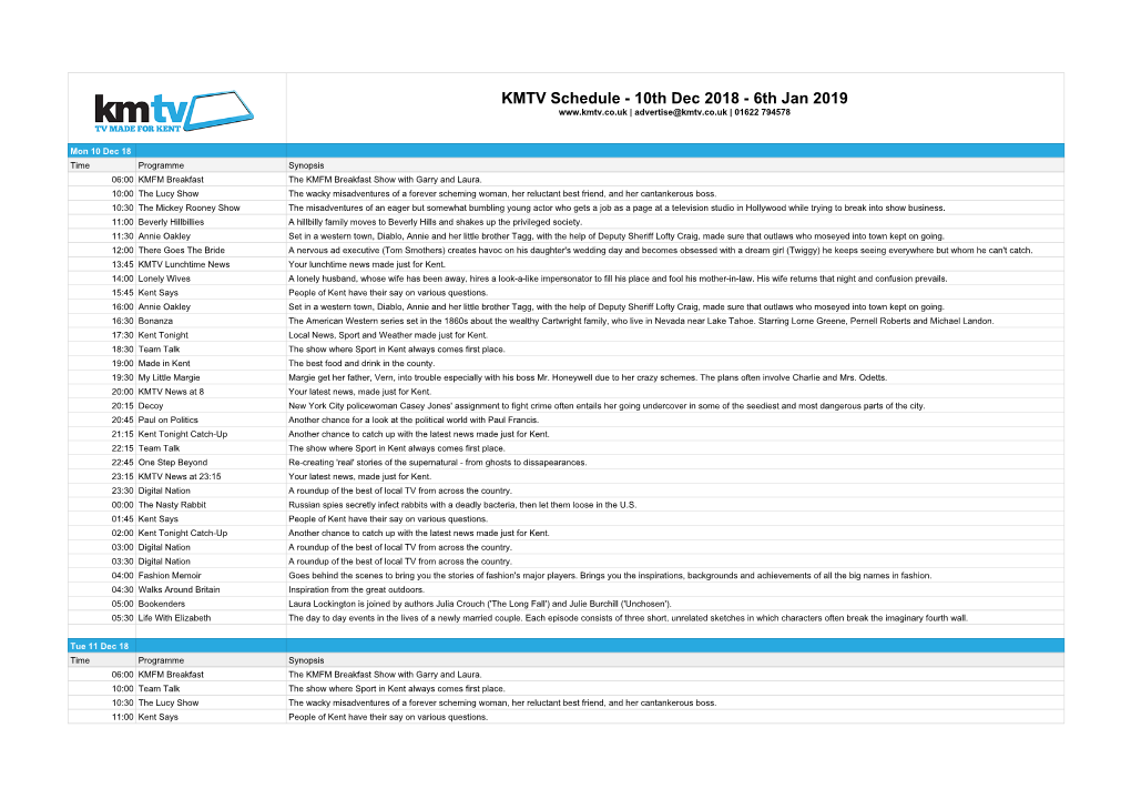 KMTV Schedule - 10Th Dec 2018 - 6Th Jan 2019 | Advertise@Kmtv.Co.Uk | 01622 794578